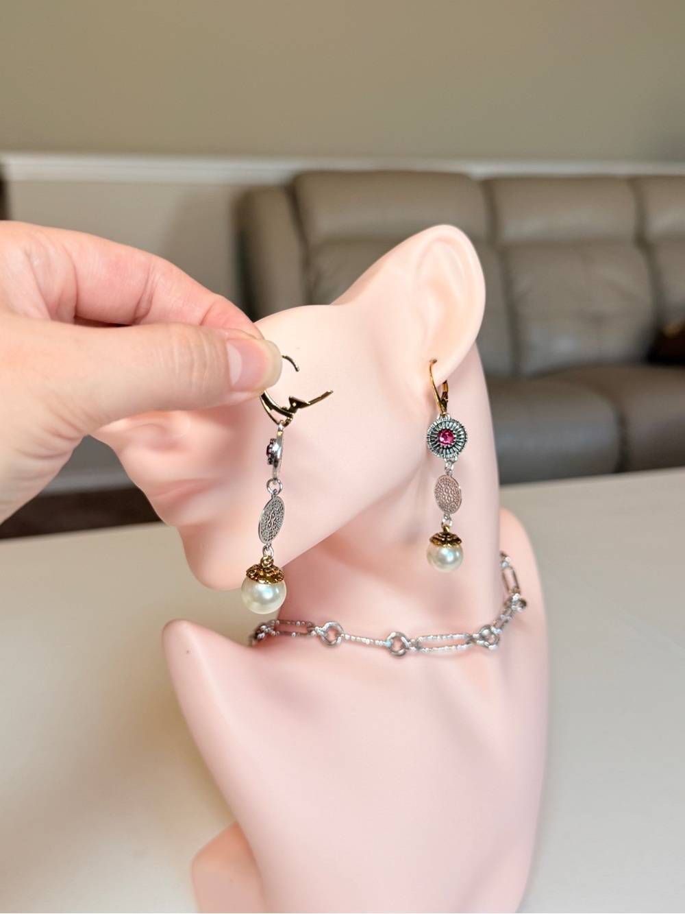 Elegant Multi-Tone Pearl Drop Earrings with Ruby Accent - Picture 10 of 17